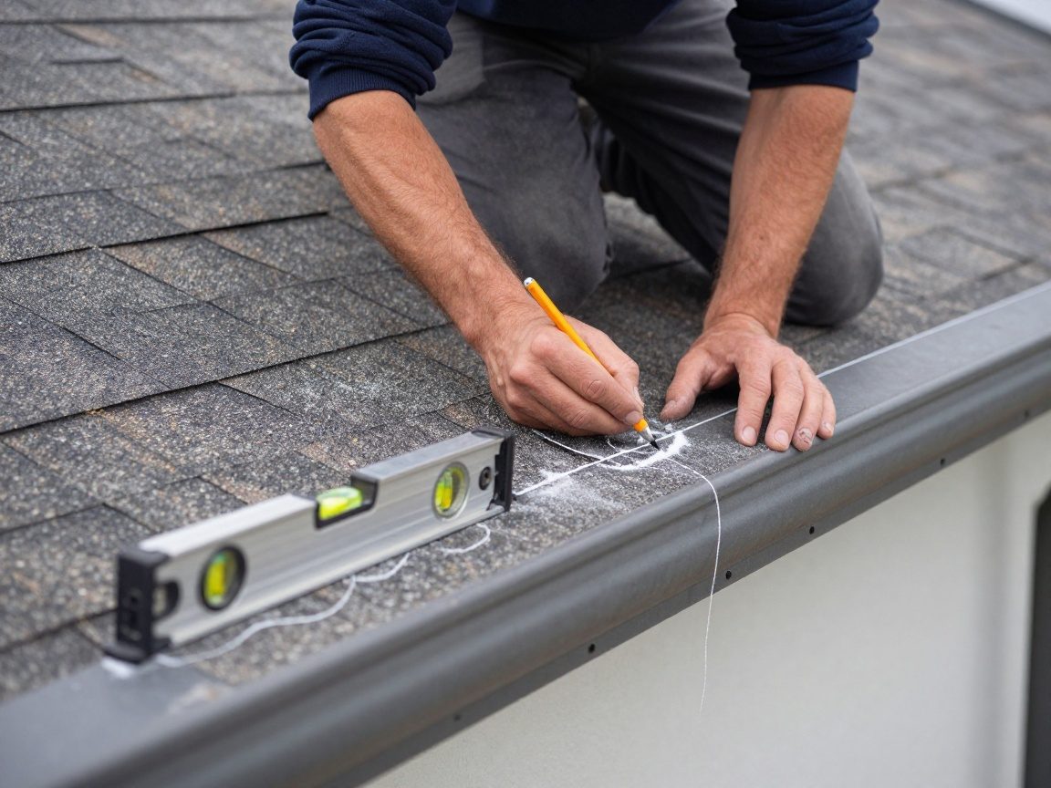 Hand eines Spenglers, der mit Kreide und Spiritueller Wasserwaage die Positionen für Dachrinnenhalter an einer Dachkante abzeichnet