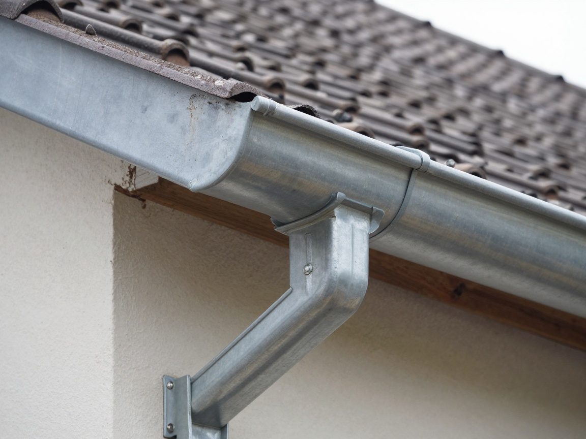Nahaufnahme einer fertigen Dachrinne auf einem deutschen Wohnhausdach, Metallrinne sitzt fest in den Haltern, kleine Abschnitte werden auf Neigung geprüft