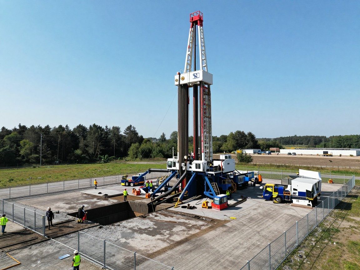 Große Diesel-Bohrmaschine auf kompakter Kiesfläche mit ausfahrbarem Arm über einem gebohrten Loch, umgeben von Sicherheitszaun und klarer Himmel