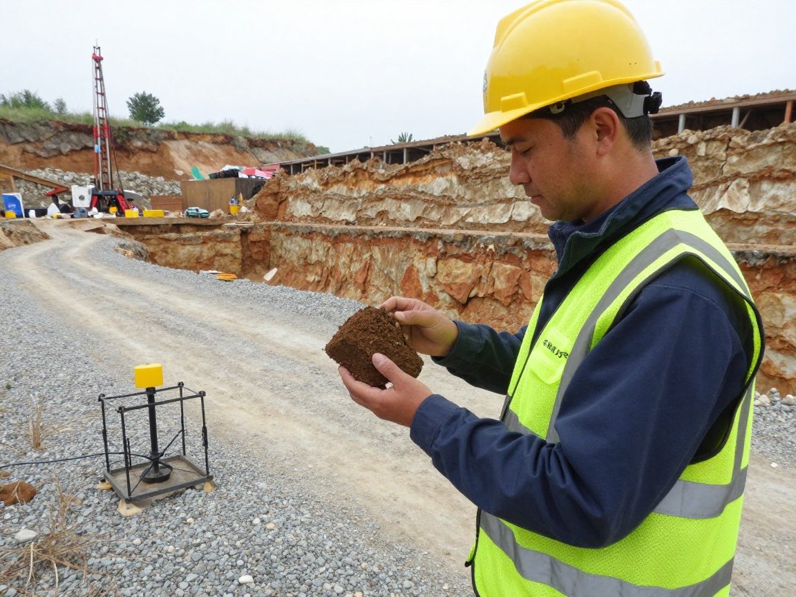 Ein Geologe in Feldkleidung hält eine Bodenprobe, steht auf einem Kiesweg nahe einer Bohrstelle, während ein teilweise ausgegrabener Graben und Schichten sichtbar sind.
