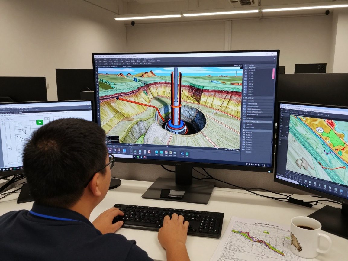 Techniker arbeitet an einem großen Monitor mit 3D-Visualisierung eines Bohrlochs und umliegender Geologie, um Bohrtrajektorien zu planen