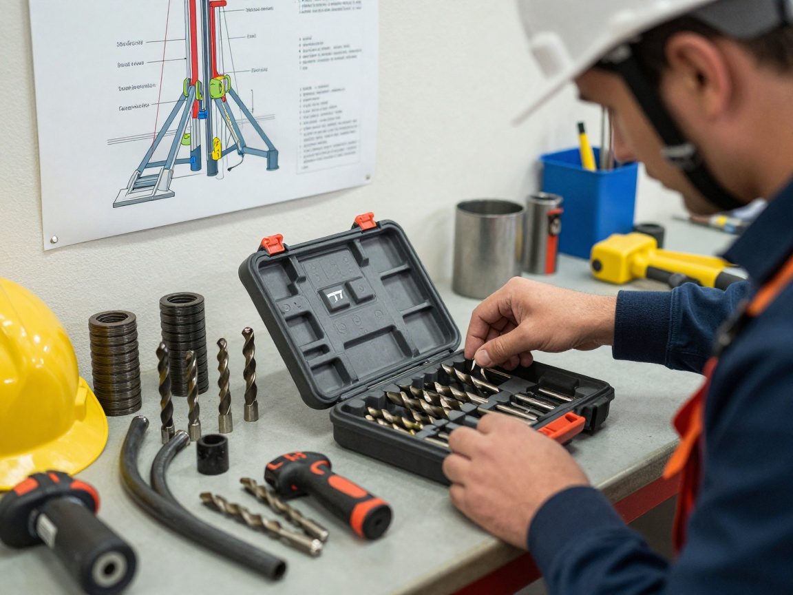 Techniker im Helm wählt einen Bohrer aus einer Werkzeugkiste, umgeben von Bohrzubehör und Sicherheitsausrüstung auf einem Werkbank-Setup
