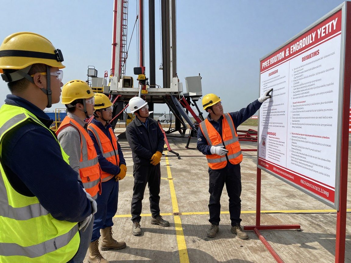 Ein Supervisor weist auf ein großes Sicherheitsplakat mit Schutzausrüstung und Notfallverfahren, während Arbeiter Helme, Schutzbrillen, Handschuhe und Stahlkappen tragen.