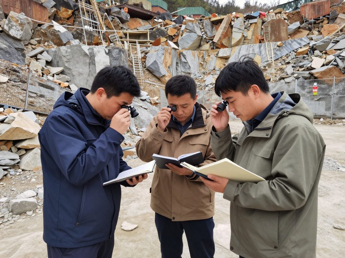 Geologen in Feldjacken untersuchen Gesteinsproben neben einer Steinbruchgrube mit Sicherheitszaun und Schichten aus Felsformationen.