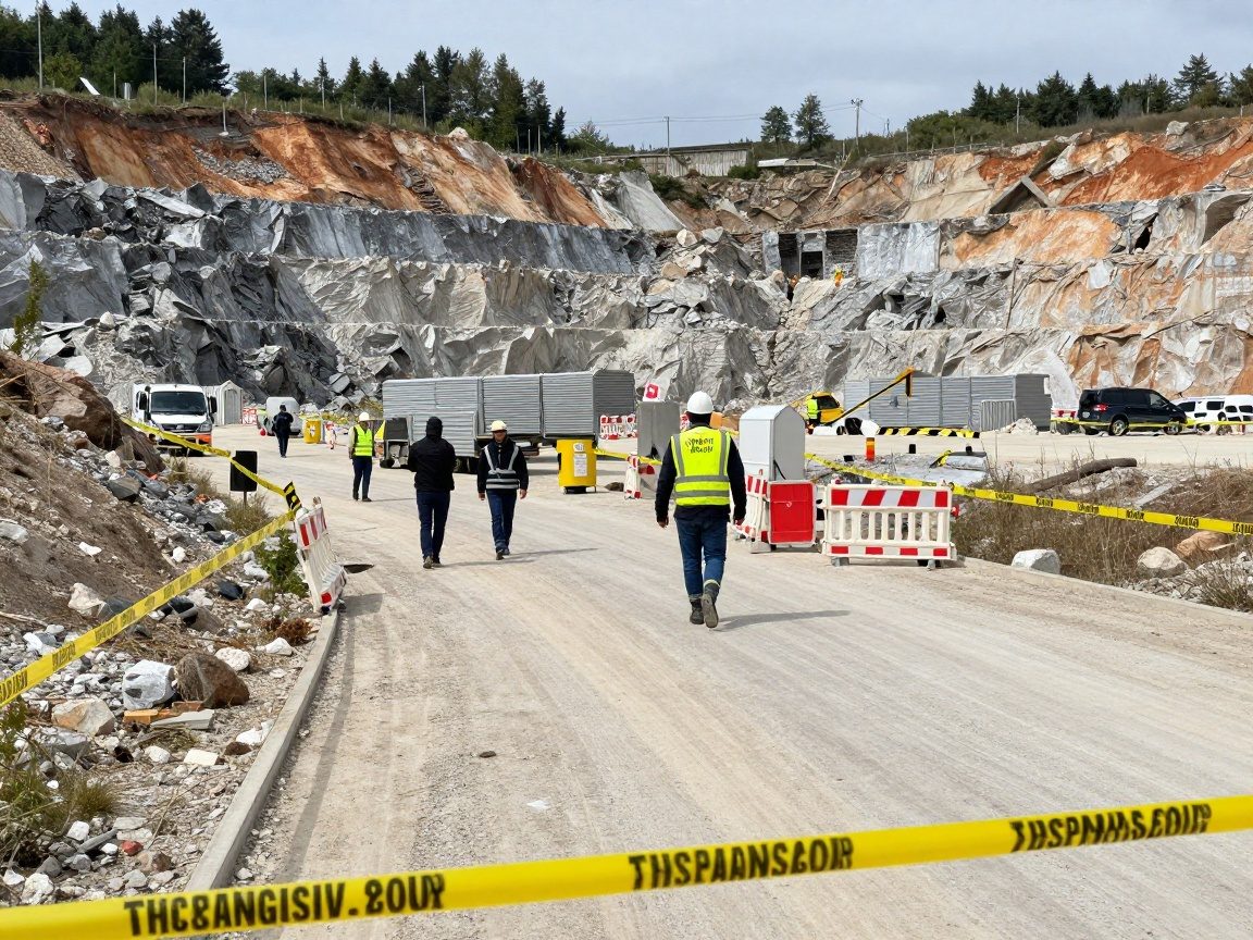 Weitwinkelaufnahme einer Evakuierungszone mit gelbem Streifenband um einen Steinbruch, Arbeiter bewegen sich aus dem Sprengbereich, Sicherheitsbarrieren und Abstandszonen sind sichtbar