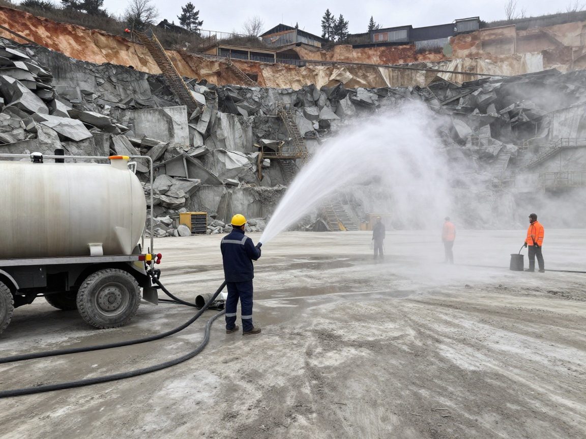 Ein Steinbrucharbeiter sprüht Wasser auf Staub vor einer kontrollierten Sprengung, um die Luftqualität zu schützen