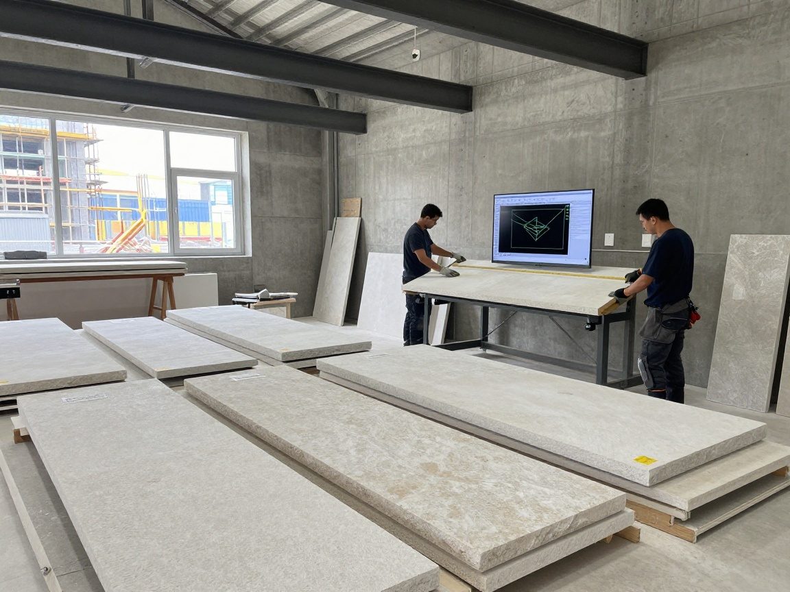 Weitwinkelaufnahme eines deutschen Steinmetzbetriebs mit CAD-Software auf einem Tisch, Steinplatten und Handwerkern in Arbeitsglehn