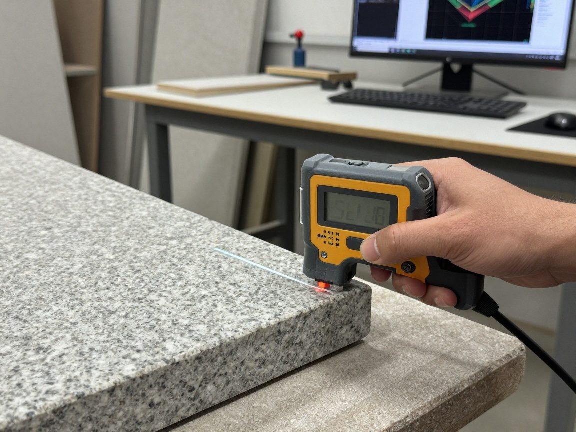Maler in Steinwerkstatt verwendet Laser-Distanzmeter an Granitplatte, während CAD-Software auf Bildschirm sichtbar ist