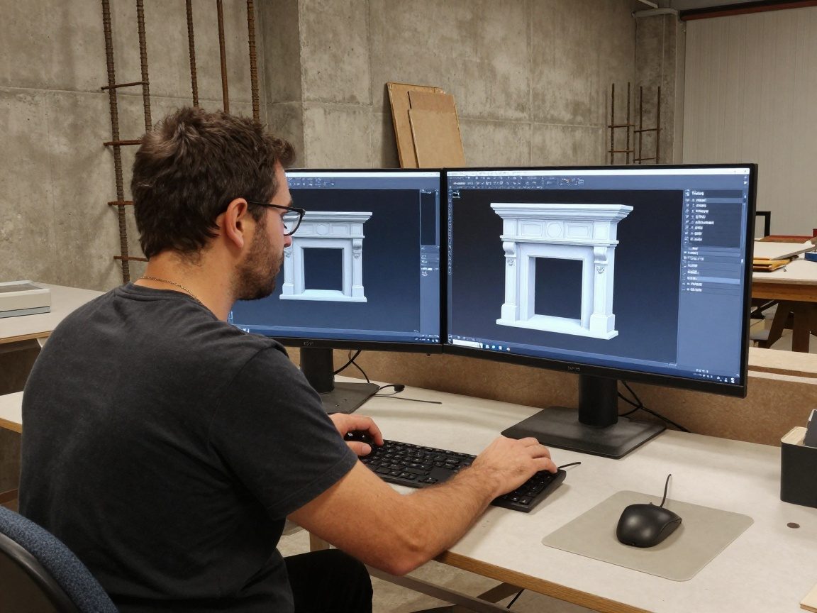 Ein Steinmetz sitzt am Schreibtisch in einem deutschen Werkstattraum und arbeitet mit einer 3D-Modellierungssoftware auf einem Dual-Monitor-Setup, wobei ein Bildschirm das Modell eines individuellen Steinfeuers zeigt und der andere die CAD-Abmessungen anzeigt.