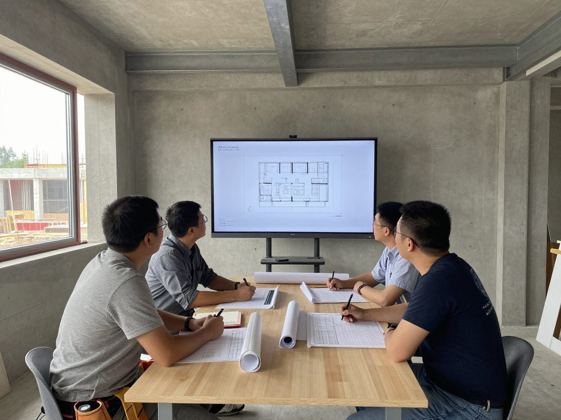 Steinmetz, Architekt und Projektleiter prüfen gedruckte CAD-Planungen an einem großen Bildschirm in einem modernen Baubüro mit Betonwänden und Stahlträgern