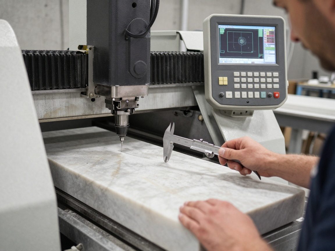 Nahaufnahme einer CNC-Fräsmaschine in einem deutschen Steinmetzbetrieb, die ein Marmorstück schneidet und CAD-Koordinaten auf dem Display anzeigt