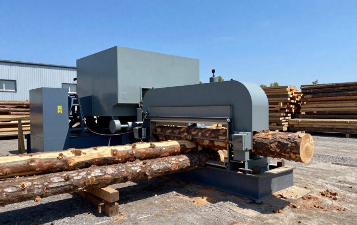 Weitwinkelaufnahme eines modernen deutschen Sägewerks mit großen industriellen Sägen, die Holzstämme schneiden, umgeben von Holzhaufen und Maschinen