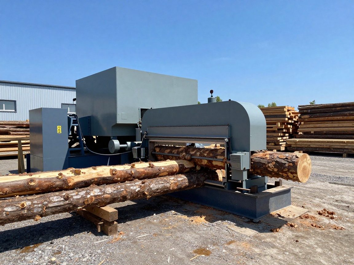 Modernes Sägewerk bei Sonnenschein Weitwinkelaufnahme eines modernen deutschen Sägewerks mit großen industriellen Sägen, die Holzstämme schneiden, umgeben von Holzhaufen und Maschinen