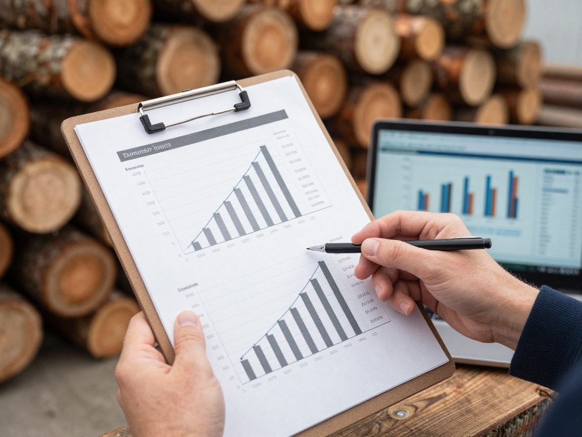 Nahaufnahme einer Hand mit einem Clipboard und Laptop, der Preisdiagramme für Holz zeigt, vor gestapelten Bäumen in einem Sägewerksgelände