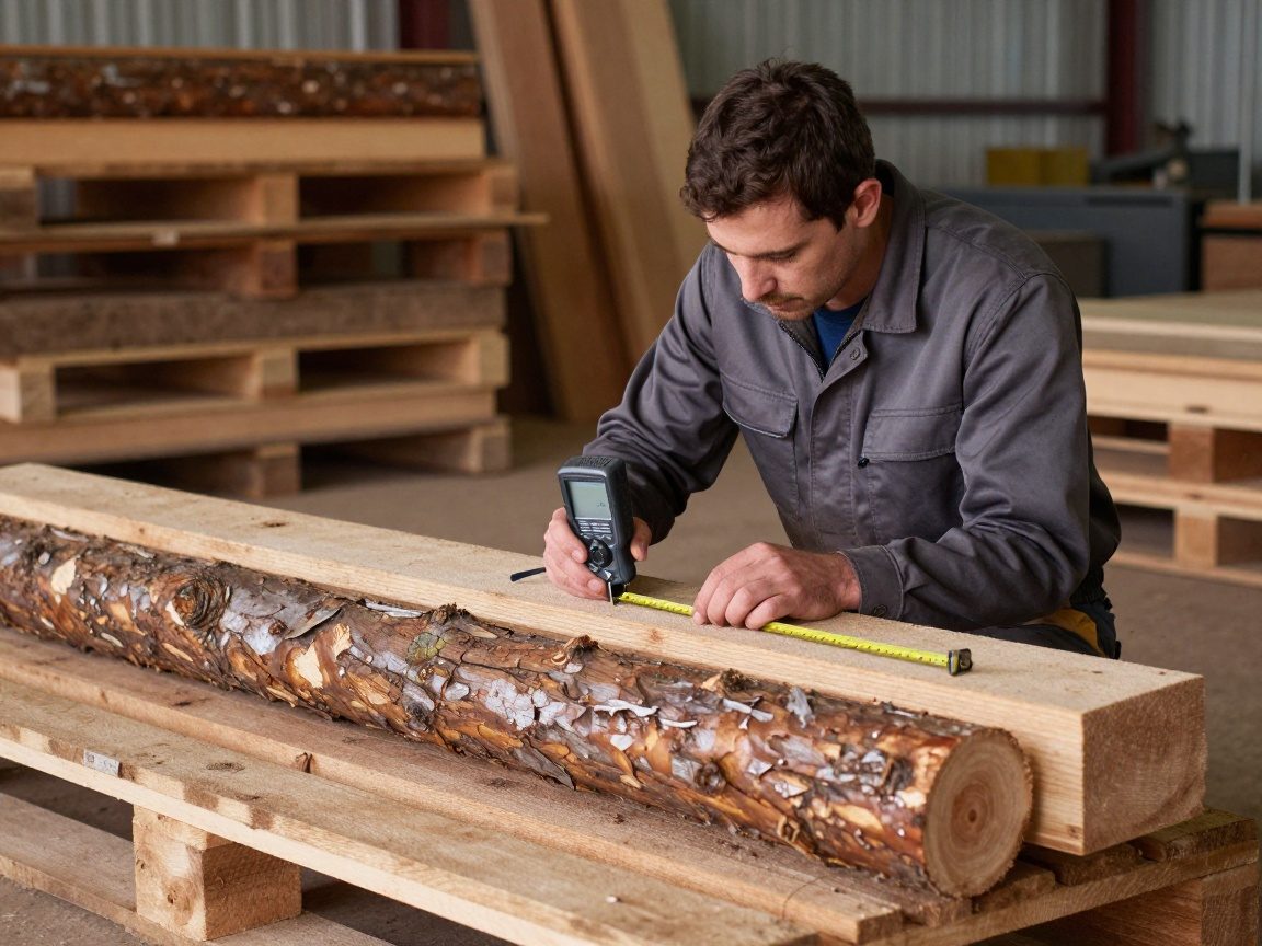 Handwerker prüft einen Baumstamm mit Feuchtigkeitsmesser und Maßband auf einer Holzpalette in einem Sägewerkslager