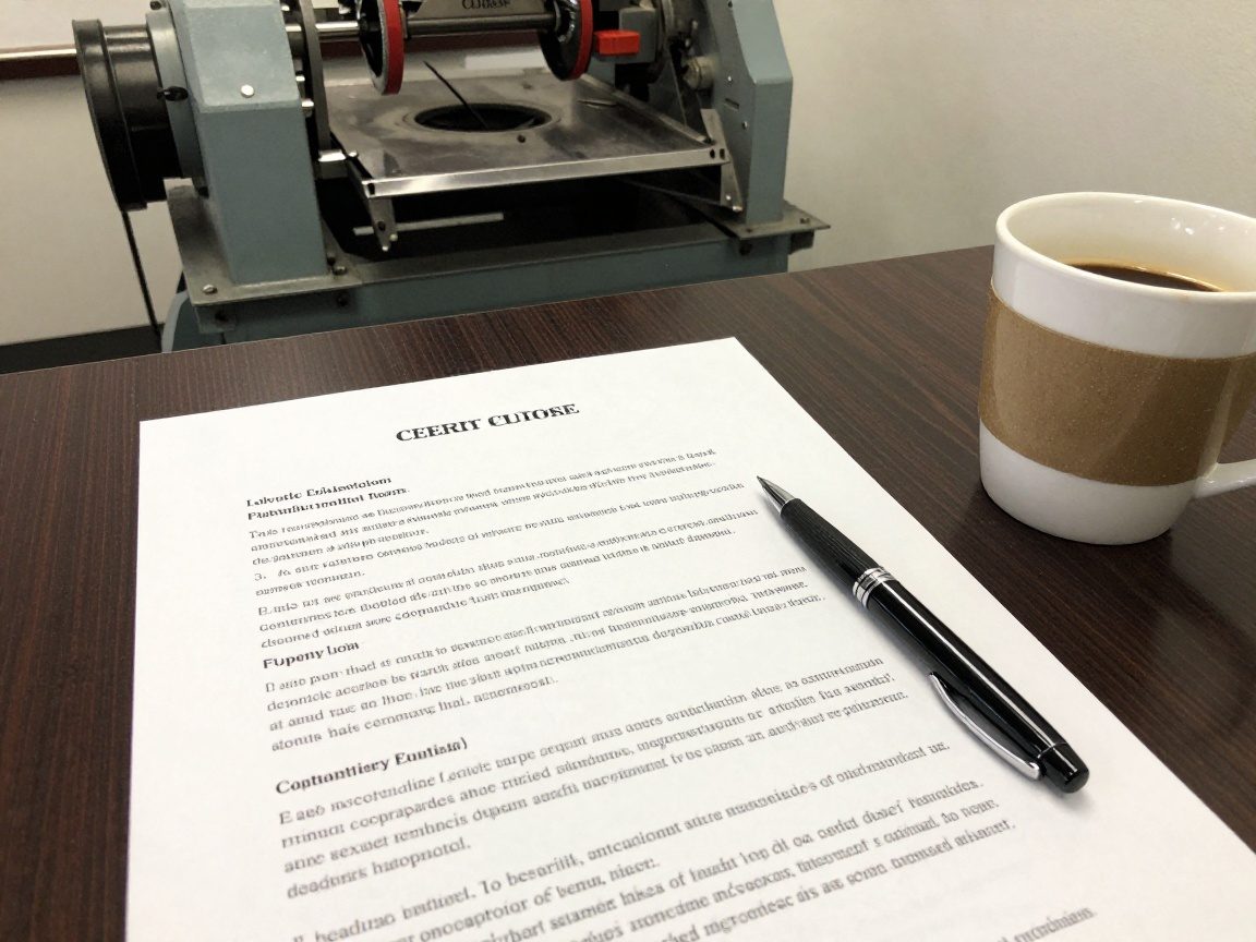 Rechtsdokument auf Tisch mit Stift und Kaffeetasse vor Sägewerksmaschinen