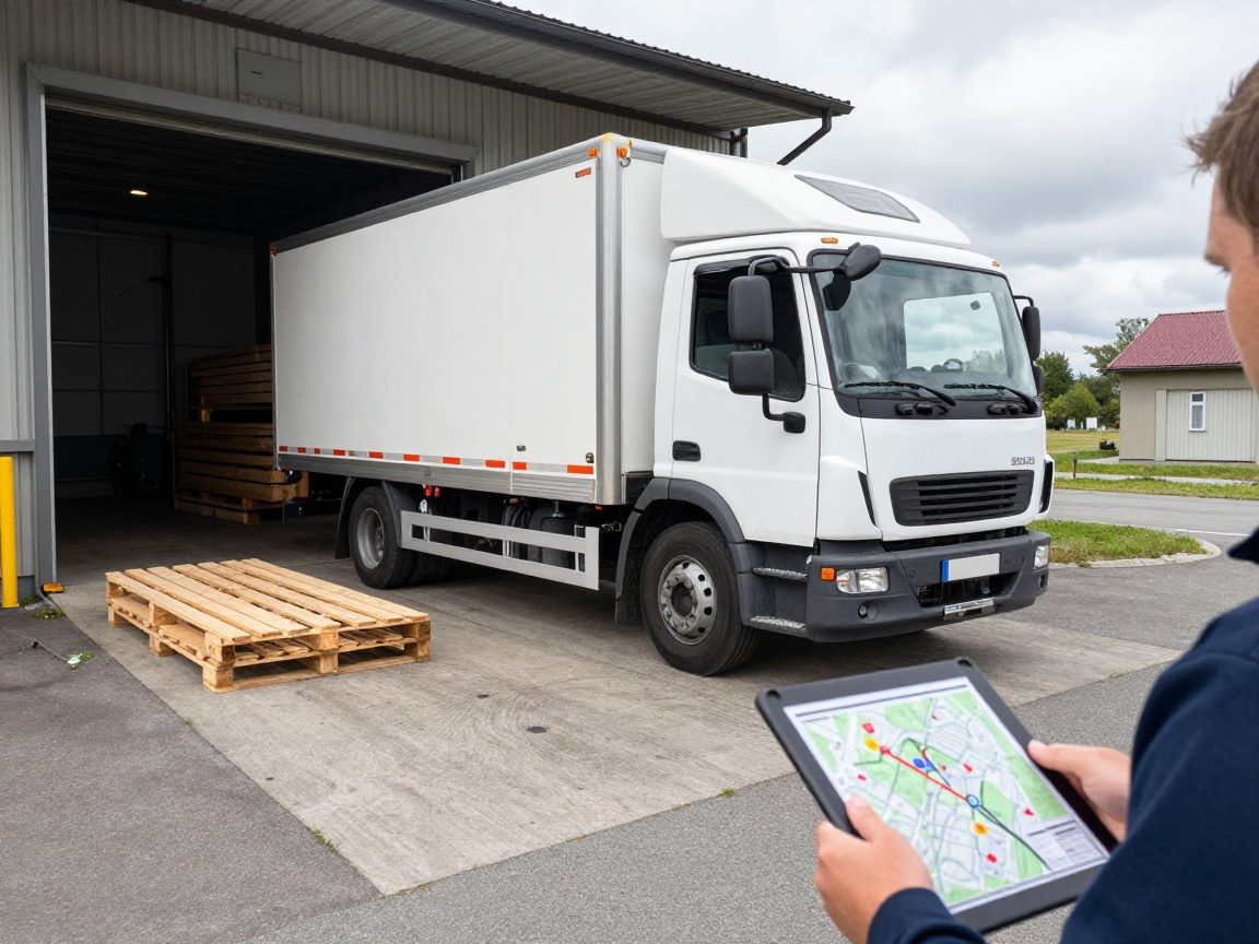 Breitwinkelaufnahme eines Lieferwagen vor einem deutschen Sägewerk mit Holzpaletten auf dem Ladebereich, ein Mitarbeiter hält ein Tablet mit einer Routenkarte