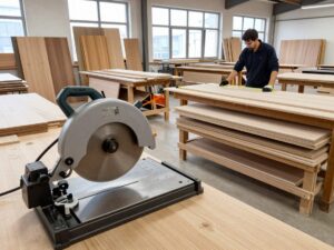 Weitwinkelaufnahme eines deutschen Tischlerateliers: Arbeitsbänke mit Holzbrettern, Kreissäge im Vordergrund und Tischler in Schutzbrille