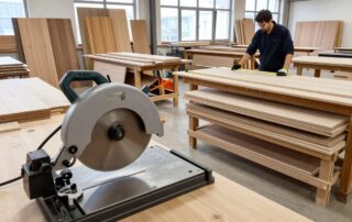 Weitwinkelaufnahme eines deutschen Tischlerateliers: Arbeitsbänke mit Holzbrettern, Kreissäge im Vordergrund und Tischler in Schutzbrille