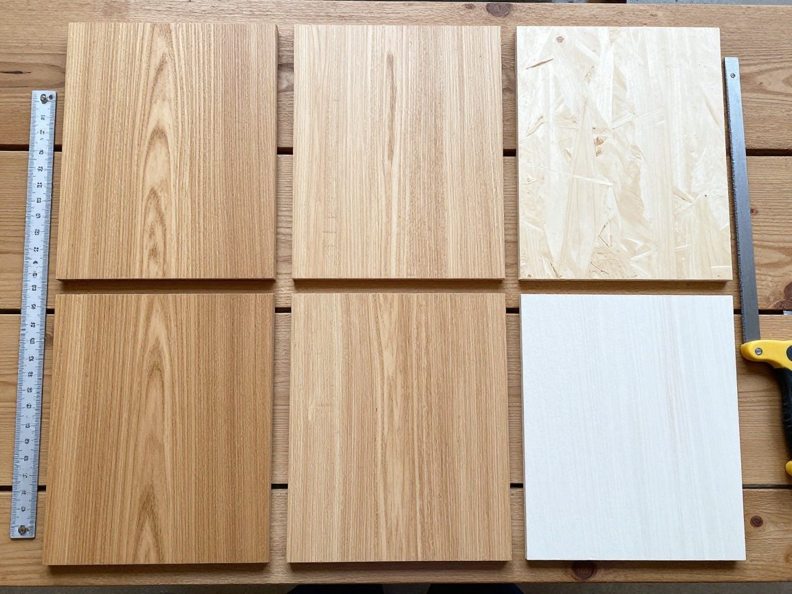 Flat lay von Holzplatten: Eichenholz, Sperrholz, MDF, OSB und Furnier auf Holztisch mit Lineal und Handsäge