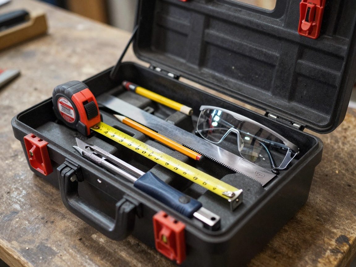 Werkzeugschatz eines Tischlers: Maßband, Bleistift, Markierschneider, Lineal und Schutzbrille in einer offenen Werkzeugkiste