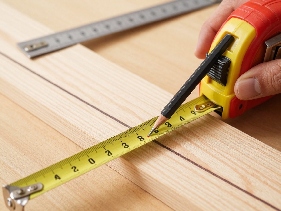 Tischlerhand misst präzise eine Linie auf einer Holzplatte mit einem Lineal und Bleistift