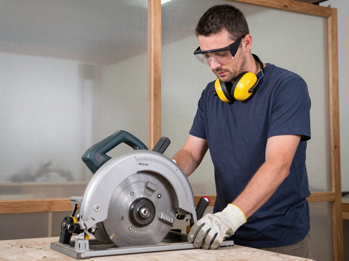 Ein Tischler trägt Schutzbrille, Gehörschutz und Handschuhe, steht neben einer Kreissäge mit Schutzhülle im Hintergrund – realistisches Licht und Schatten auf den Werkzeugen.