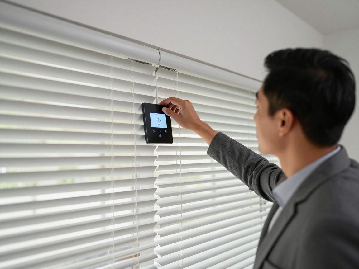 Konsultant zeigt die Einstellung eines motorisierten Jalousiesystems, während das Licht durch teilweise geöffnete Jalousien fällt und ein digitales Display die Steuerung anzeigt.