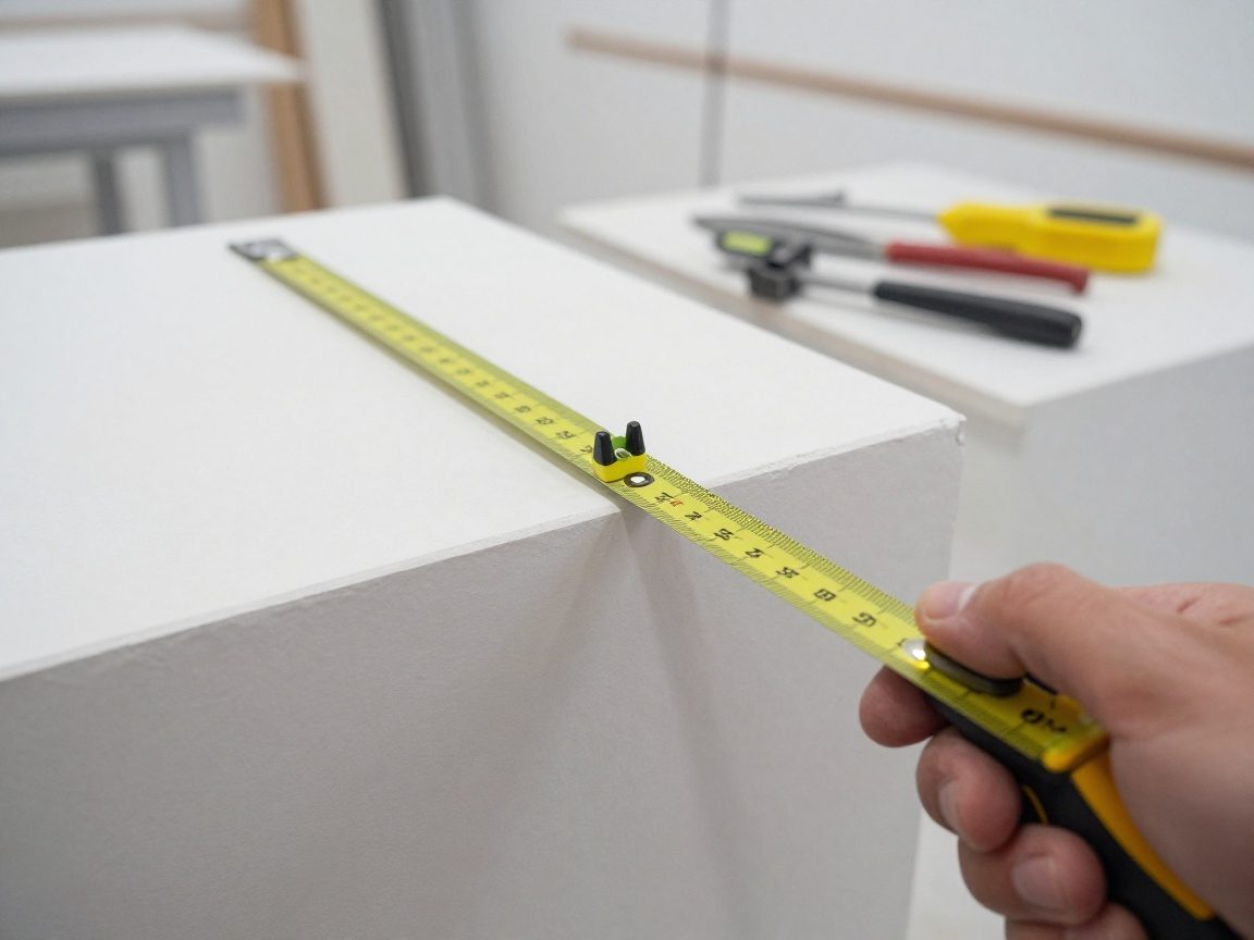 Stukkateur inspiziert ein fertiges Putzdetail mit Handlaser, misst Dicke und Glätte in sauberem Werkstattraum