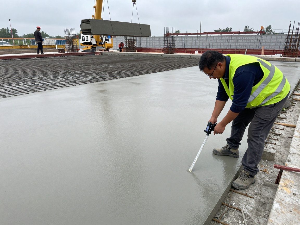 Ein Bauleiter mit reflektierendem Warnwesten überprüft einen ebenen Estrich mit Lineal und Kamera auf einer Baustelle, während ein Kran ein schweres Brett hebt