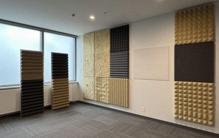 Weitwinkelaufnahme eines modernen Büros mit akustischen Paneelen an Wänden und Decke, Teppichboden und Tageslicht durch große Fenster