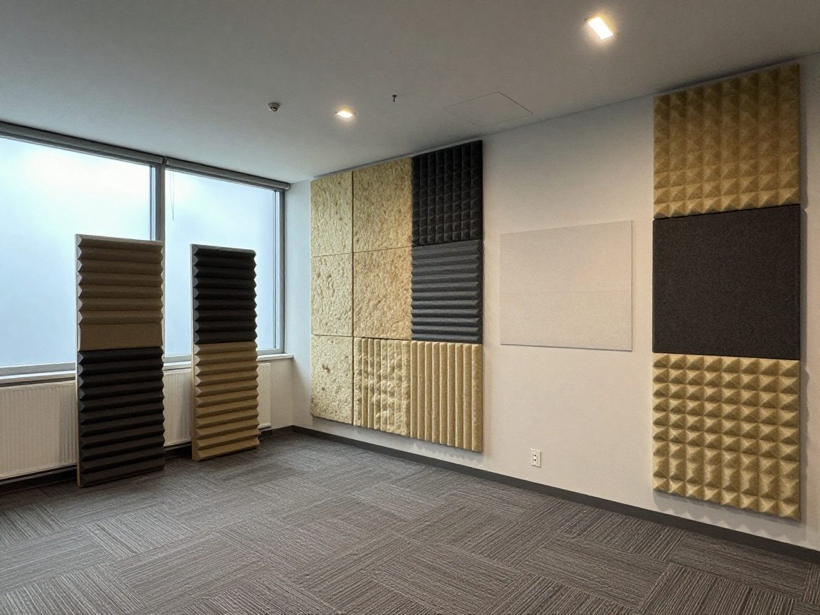 Weitwinkelaufnahme eines modernen Büros mit akustischen Paneelen an Wänden und Decke, Teppichboden und Tageslicht durch große Fenster