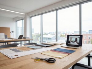 Designer legt Stoffproben auf Tisch in modernem Studio mit großen Fenstern und Stadtblick