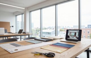 Designer legt Stoffproben auf Tisch in modernem Studio mit großen Fenstern und Stadtblick