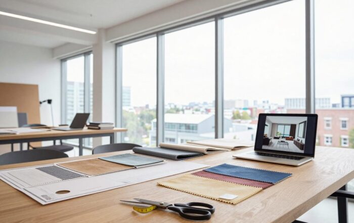 Designer legt Stoffproben auf Tisch in modernem Studio mit großen Fenstern und Stadtblick