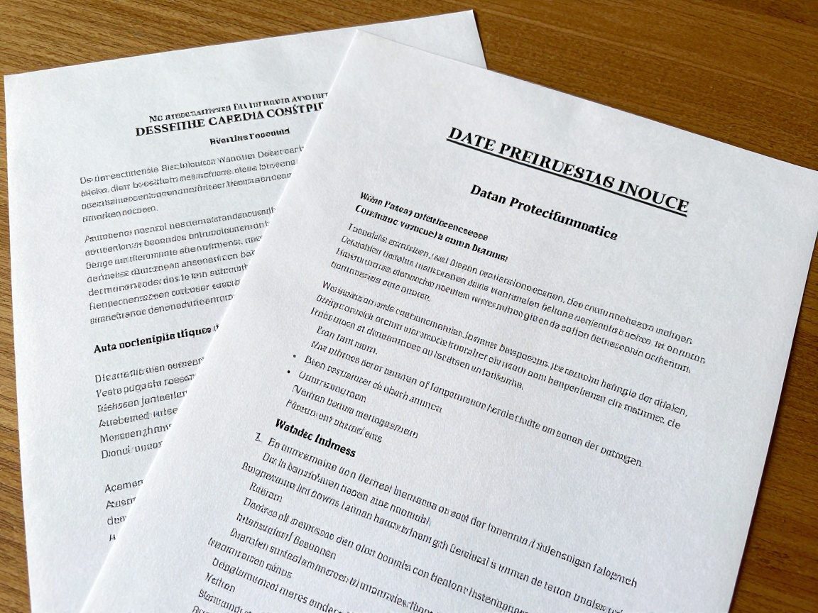 Stapel deutscher Vertragsunterlagen auf Holztisch: AGB, Datenschutzerklärung und Garantiebrief – realistisches Papierbild ohne Textüberlagerung