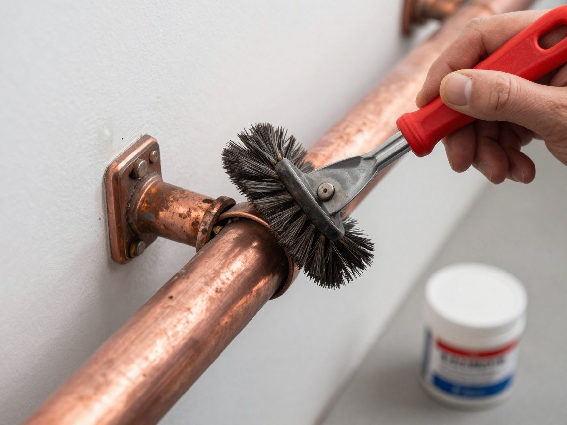 Spengler reinigt Kupferdachrinne mit Metallbürste, entfernt Rost und Schmutz, Flux in kleiner Schale daneben