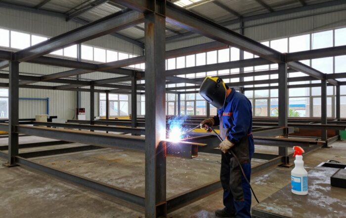 Schweißer in Schutzkleidung entfernt Staub und Rost von einer Schweißnaht mit Sprühreiniger, während ein Stahlrahmen unter Konstruktion steht