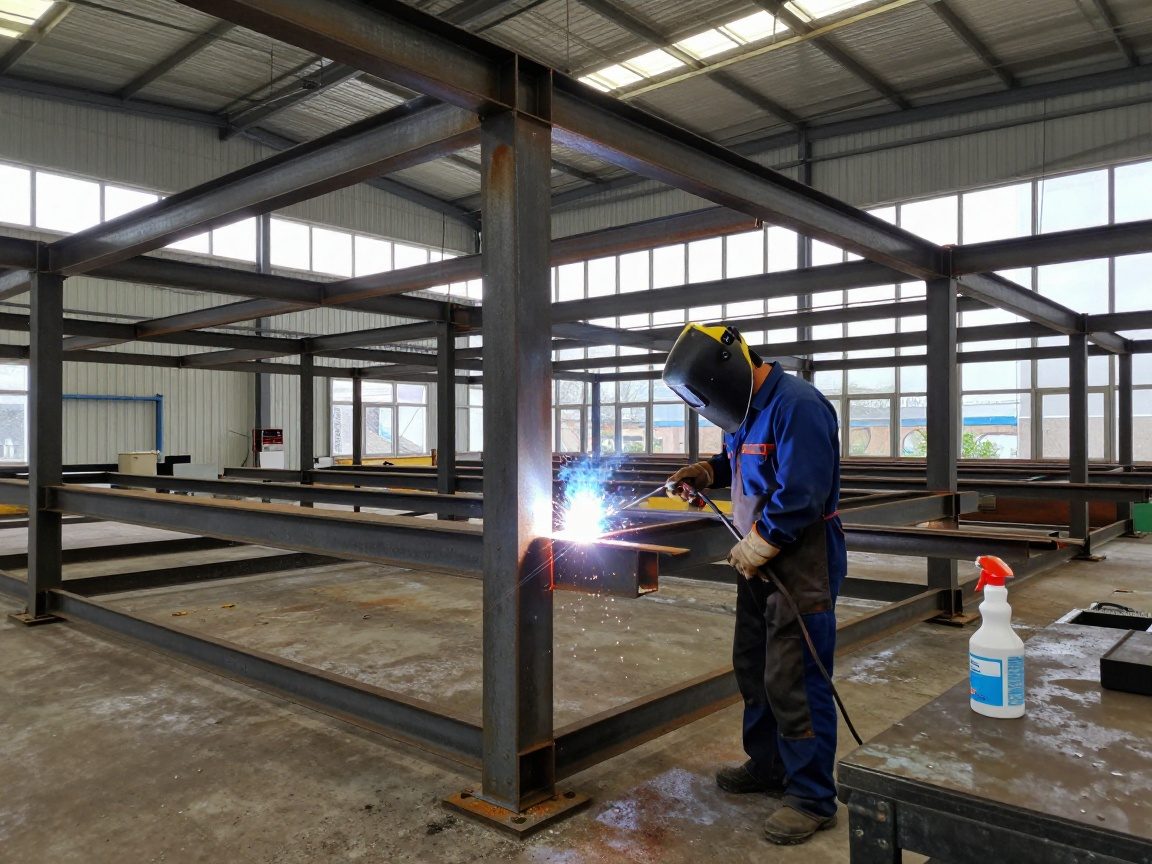 Schweißer in Schutzkleidung entfernt Staub und Rost von einer Schweißnaht mit Sprühreiniger, während ein Stahlrahmen unter Konstruktion steht