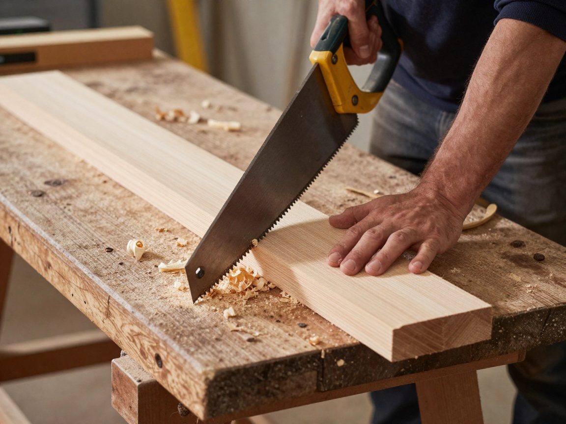 Ein Tischler schneidet mit einer Handsäge ein Brett auf einem stabilen Werkbank, die Zähne sind sichtbar und das Holzmaserung wird durch natürliches Licht betont.