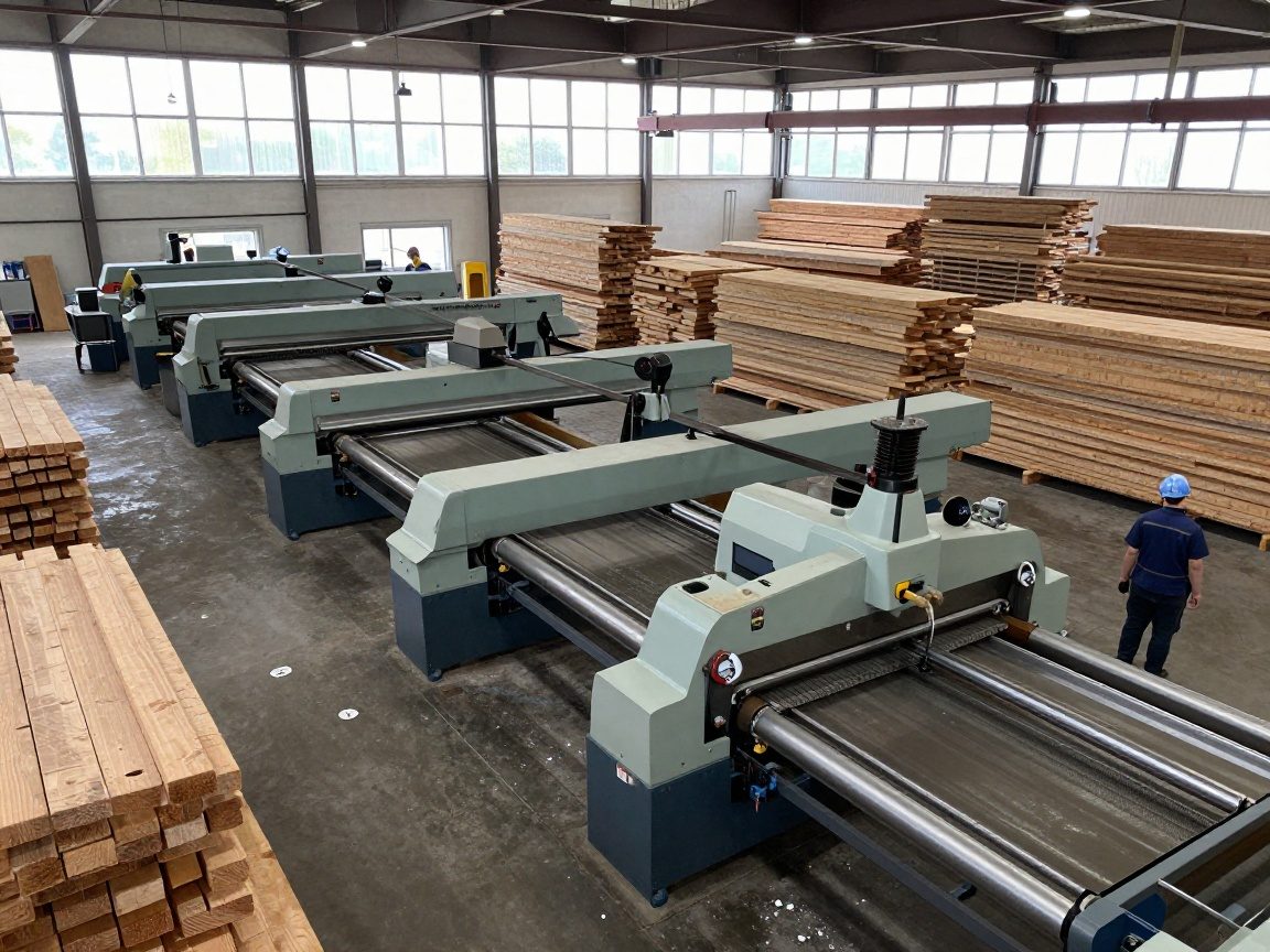 Weitwinkelaufnahme eines modernen deutschen Sägewerks mit Reihen von Sägemaschinen, Holzstapeln und Arbeitern in Schutzhelmen unter natürlichem Licht