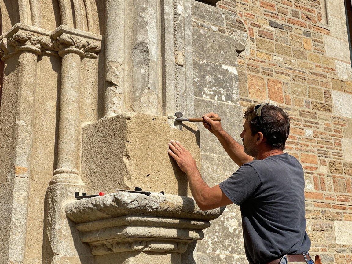 Ein Steinmetz schneidet mit Meißel und Hammer einen Sandsteinblock an einer alten Kirchenfassade, umgeben von verwittertem Mauerwerk und traditionellen Werkzeugen.