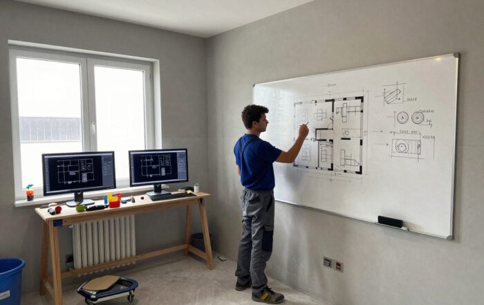 Techniker zeichnet mit Bleistift einen Sanitärplan auf einem großen Whiteboard, umgeben von Werkzeugen und CAD-Monitoren im hellen Arbeitsraum