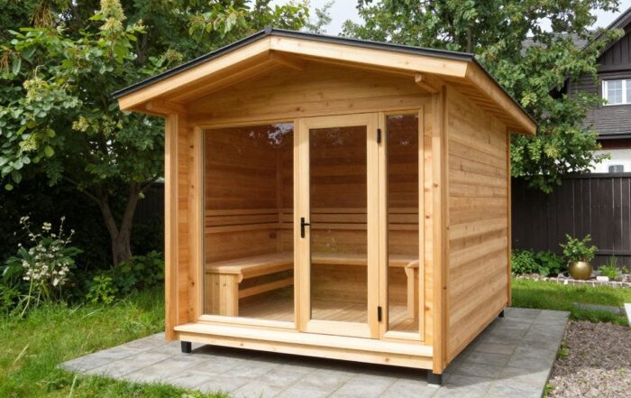 Weitwinkelaufnahme einer modernen Saunahaus aus Zedernholz mit geneigtem Dach, Glasfront und umgeben von üppigem Grün in einem deutschen Hinterhof