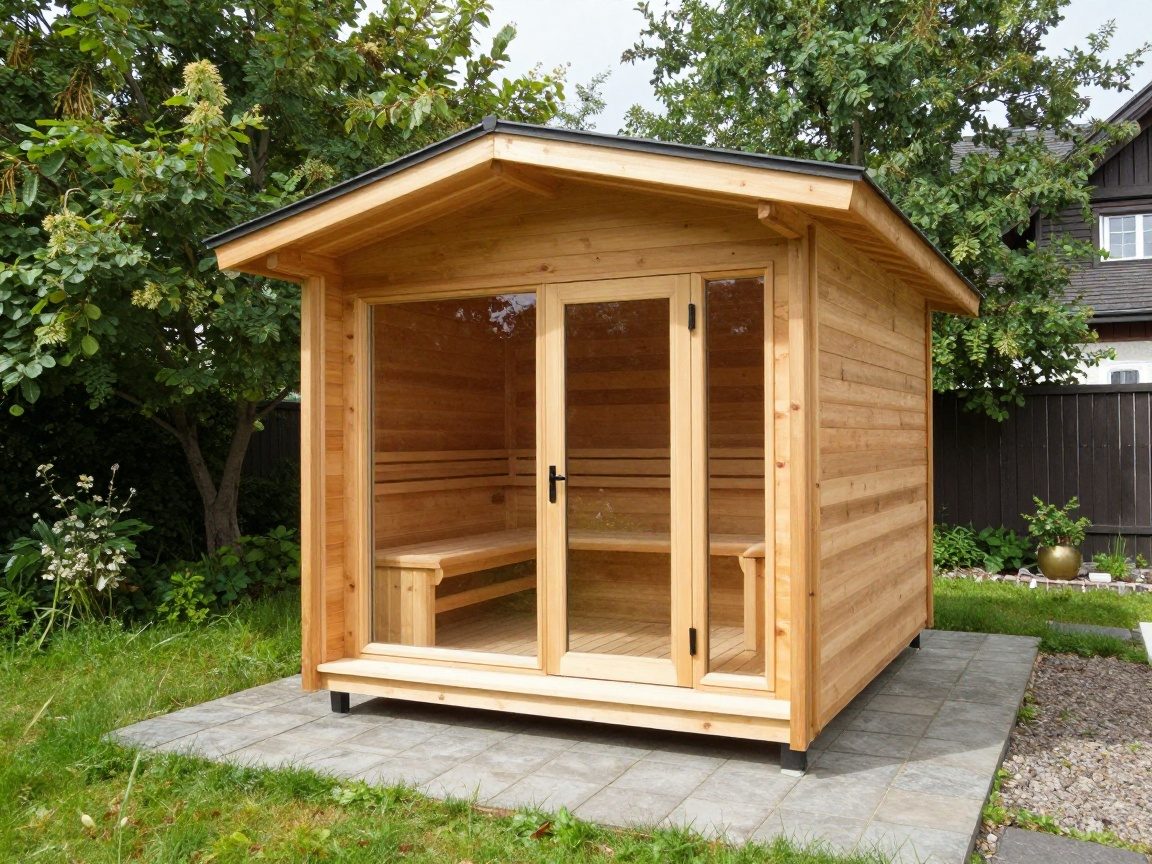 Weitwinkelaufnahme einer modernen Saunahaus aus Zedernholz mit geneigtem Dach, Glasfront und umgeben von üppigem Grün in einem deutschen Hinterhof