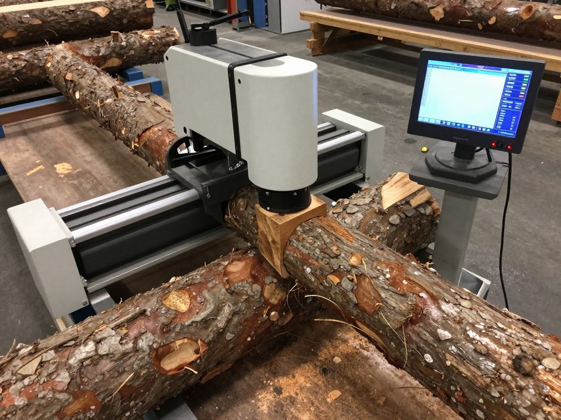 Überblick über einen industriellen Holzscanner, der einen Baumstamm in einem deutschen Sägewerk scannt – Scannerkopf und digitaler Messwert auf Monitor sichtbar