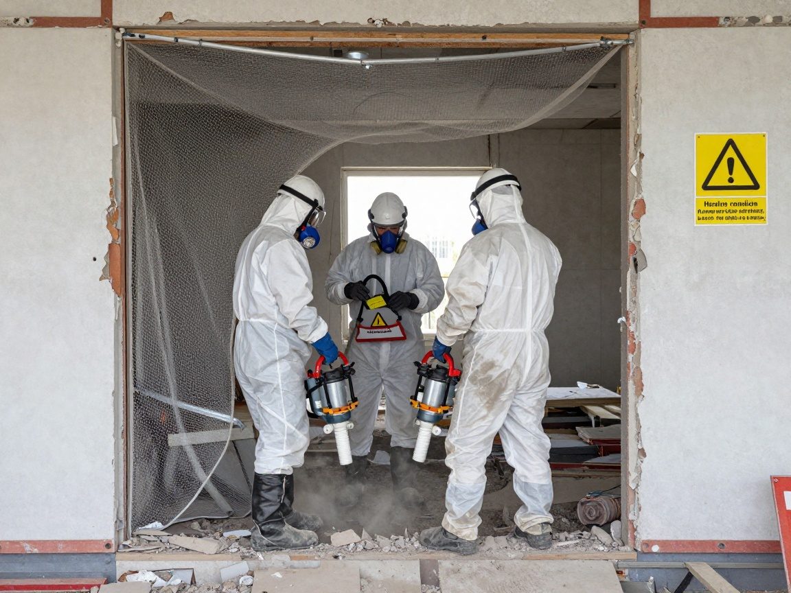 Arbeiter in Schutzkleidung führen Asbestausschub in einem teilweise abgerissenen Gebäude durch, mit Staubschutznetz und HEPA-Filtergerät sichtbar