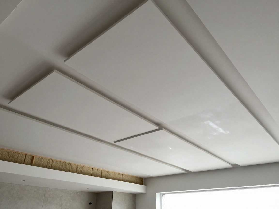 Weitwinkelaufnahme eines fertigen Deckenbelags mit integrierten Schallschutzpaneelen aus Putz in einem modernen deutschen Wohnzimmer