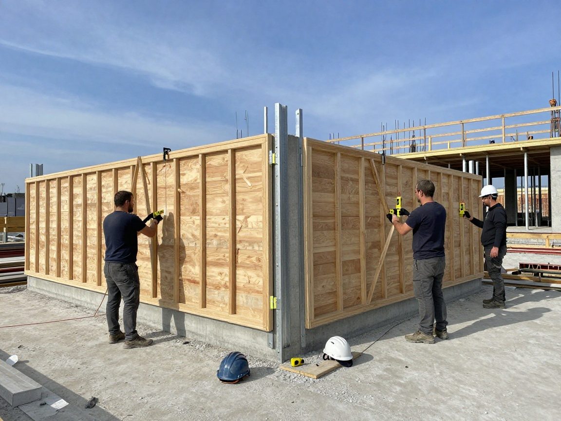 Schalungselemente montieren in 30 Minuten – Schnell & Präzise Arbeiter setzen moderne Holz- und Stahl-Schalungen an einer deutschen Baustelle ein, mit Laser- und Spirituellen Nivelliergeräten unter klarem Himmel.