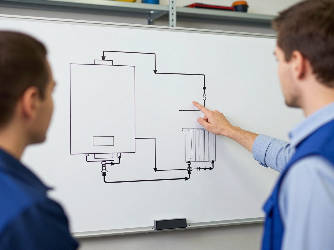 Techniker in blauem Weste zeigt auf ein schematisches Heizungsdiagramm mit Brenner, Pumpen und Radiatoren auf einem weißen Brett